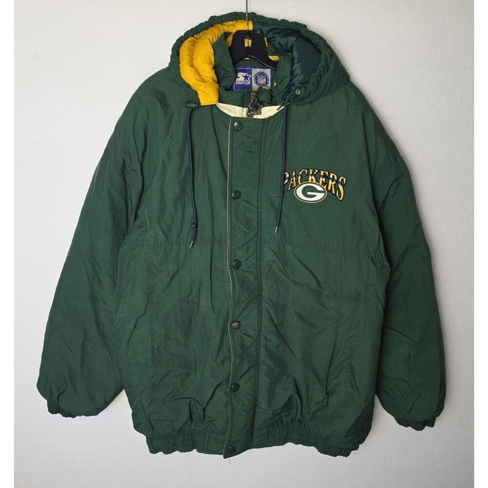 VTG 90s Green Bay Packers Starter NFL Puffer Jacket Removable Hood Mens Large